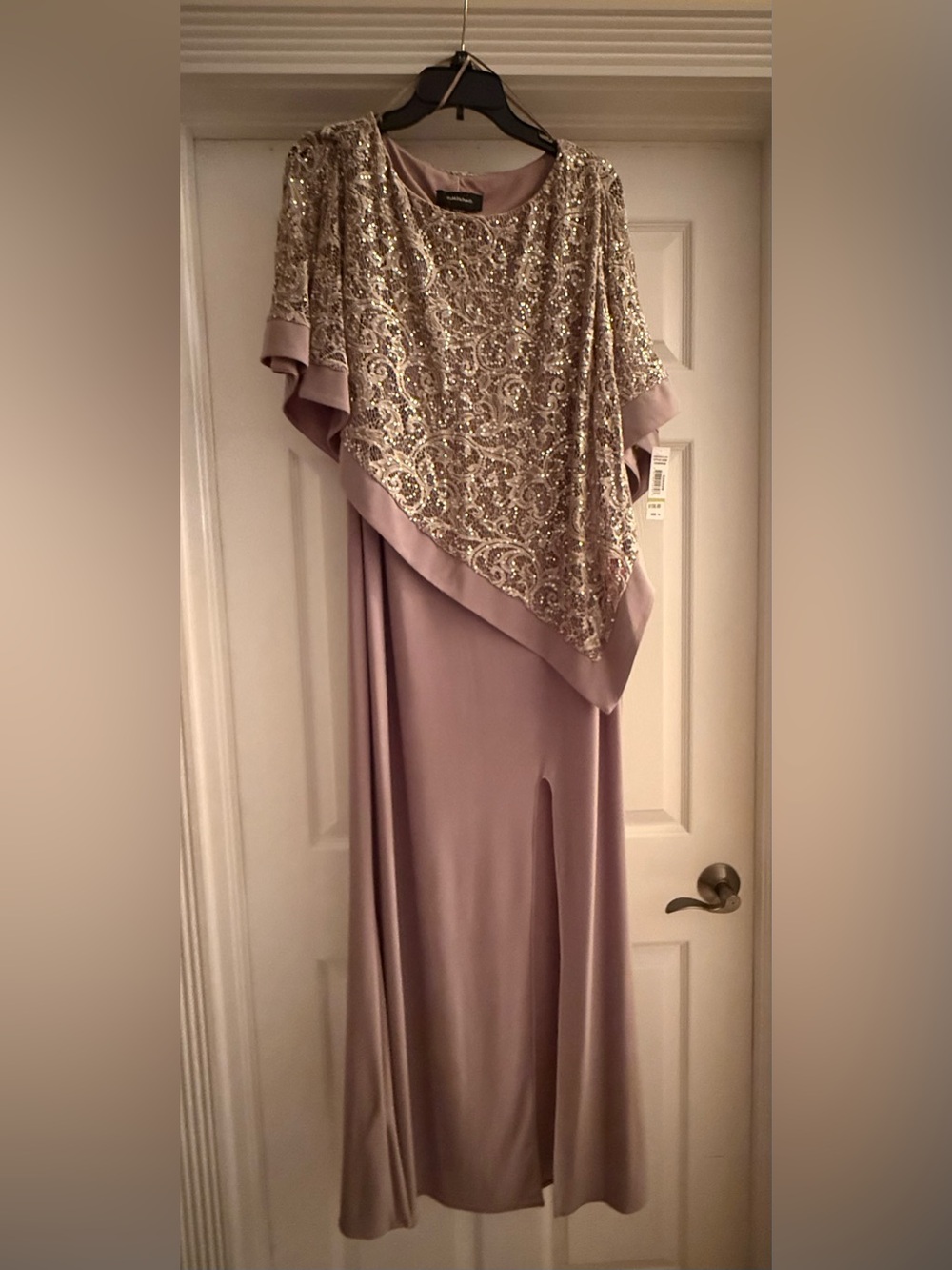 R & M Richards Champagne Evening Dress with Sequin Overlay
